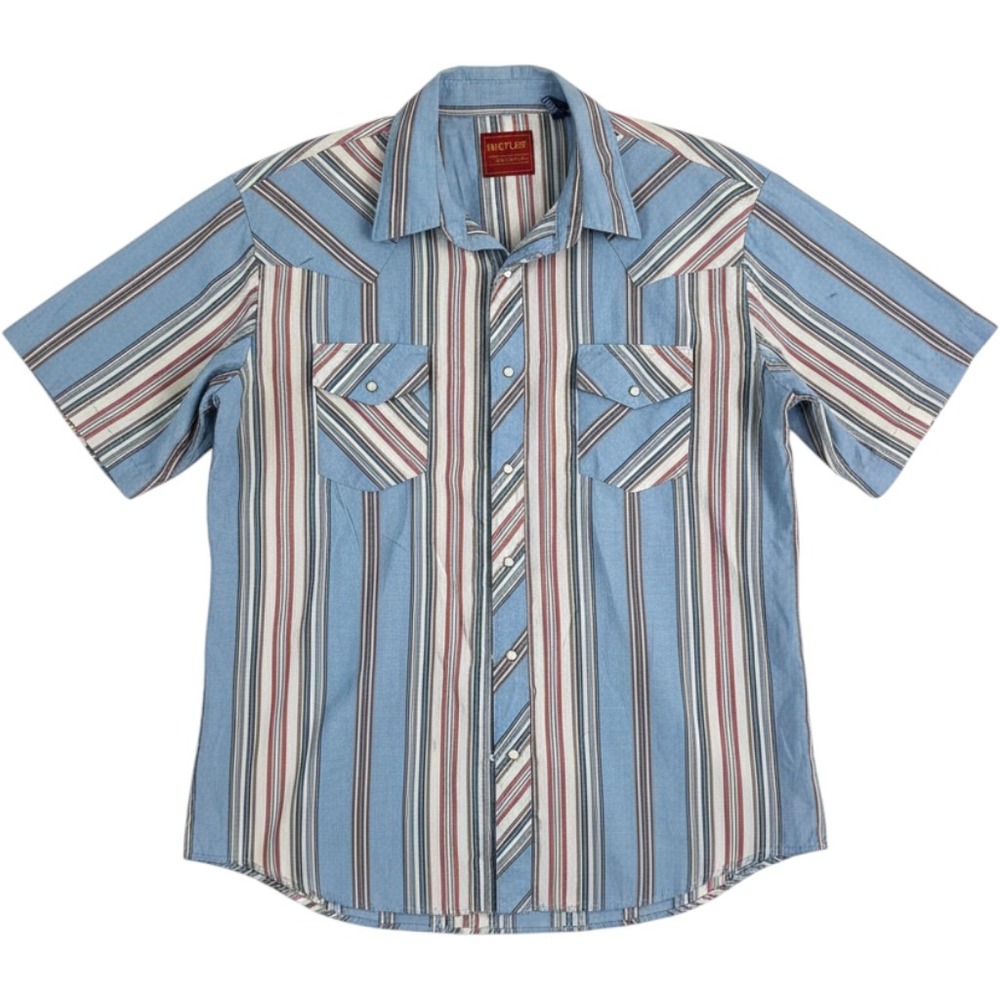Rustler Mens XL Western Pearl Snap Shirt Blue Striped Short Sleeve X-Long Tails